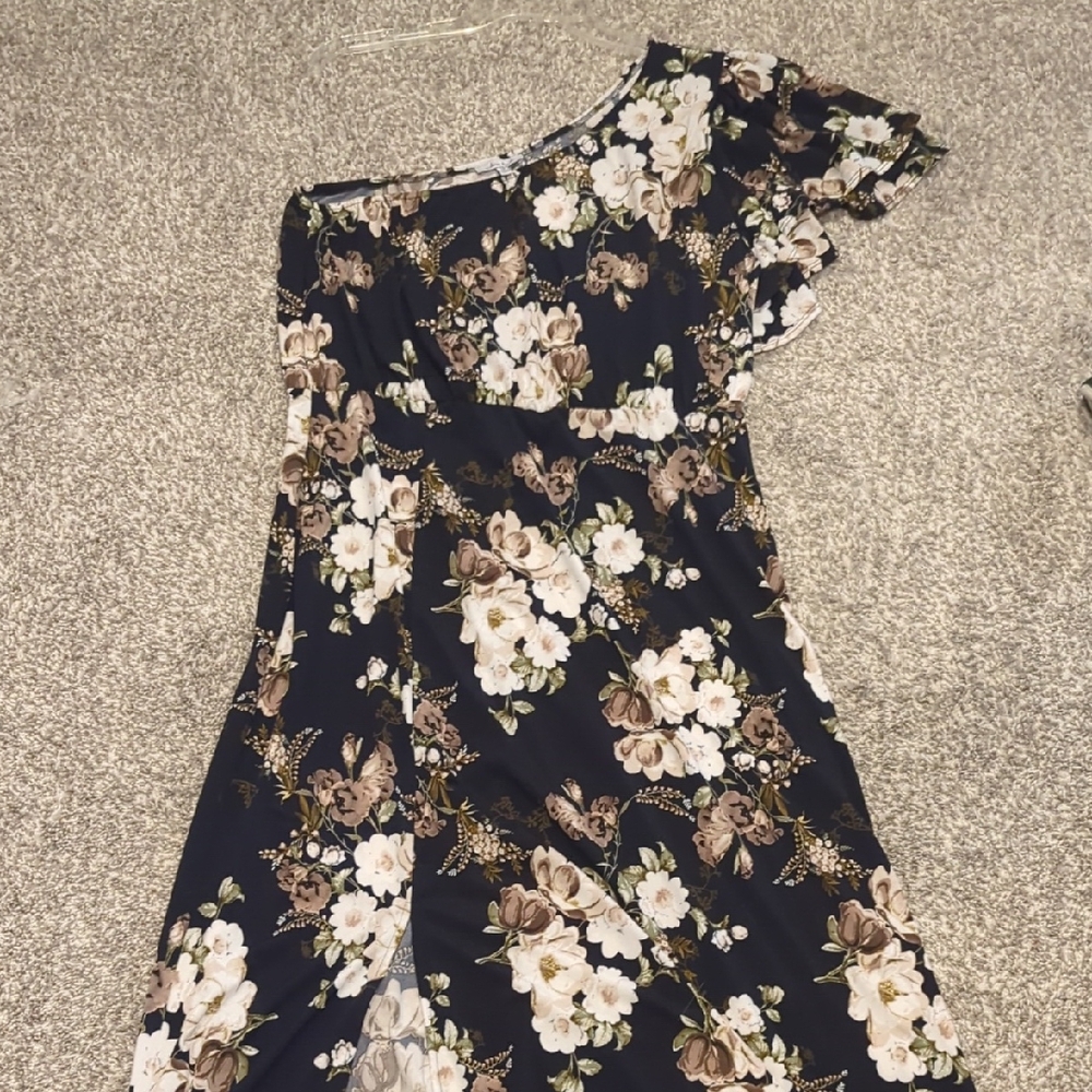 White Birch Navy Floral One Shoulder Dress